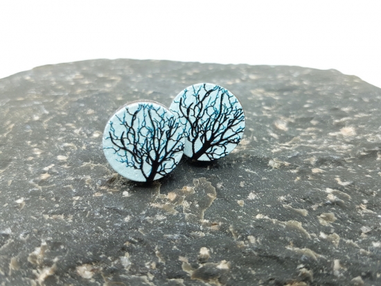 Herbst Baum 3D Holz Scheiben Ohrstecker blau